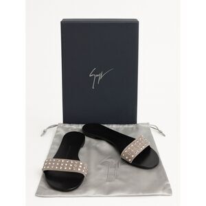 Giuseppe Zanotti Rhinestone Slide Sandals Tan Suede Crystal Flats EU37 US6.5